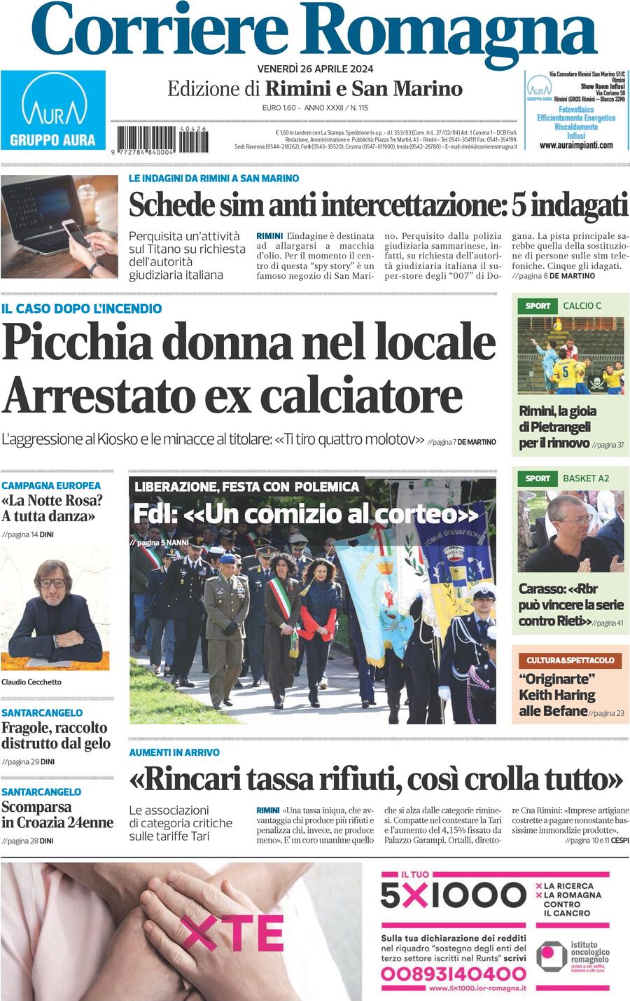 Prima Pagina Corriere Romagna (Rimini e San Marino) 26/04/2024