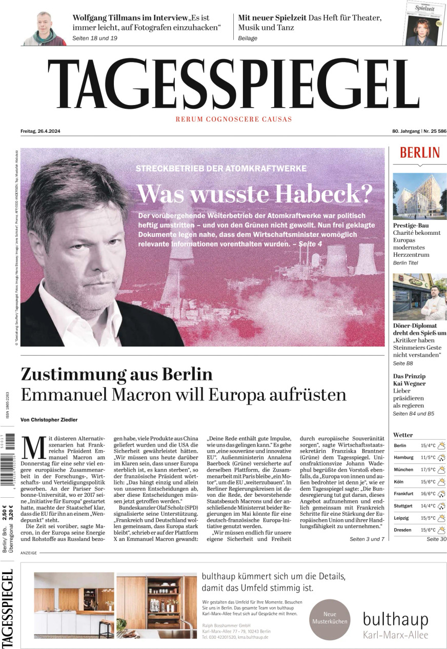 Prima Pagina Der Tagesspiegel 26/04/2024