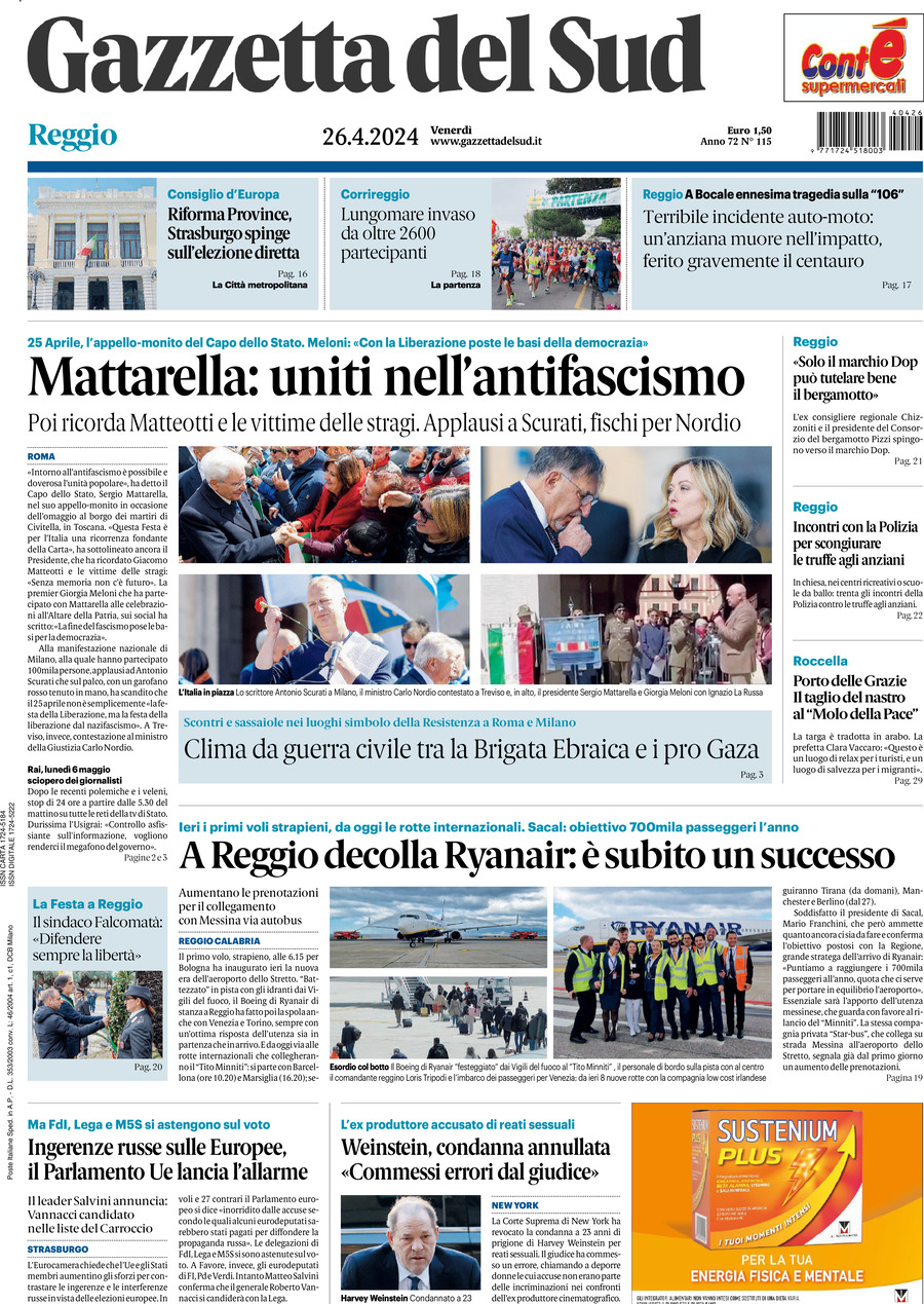 Prima Pagina Gazzetta del Sud (Reggio Calabria) 26/04/2024