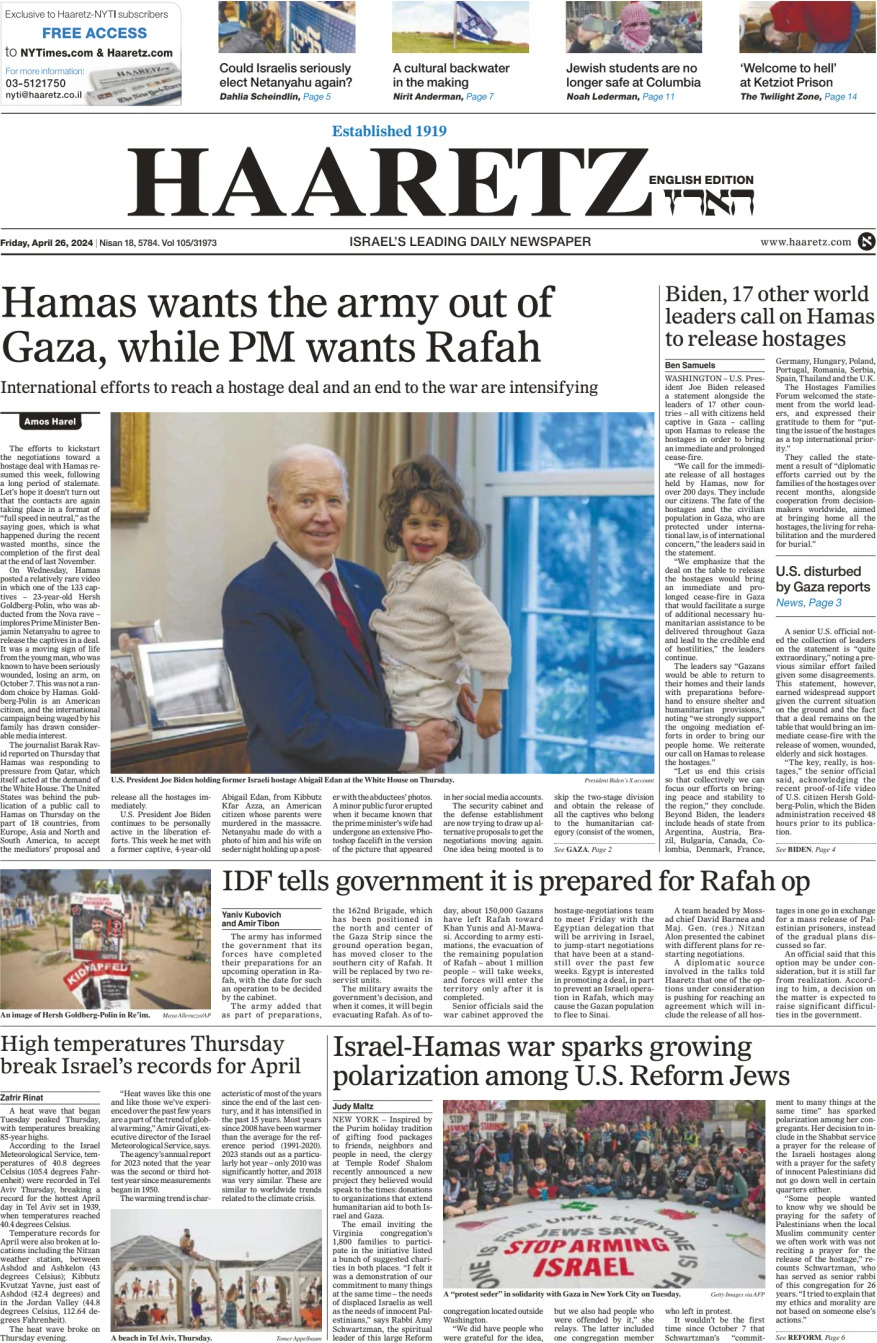 Prima Pagina Haaretz 26/04/2024