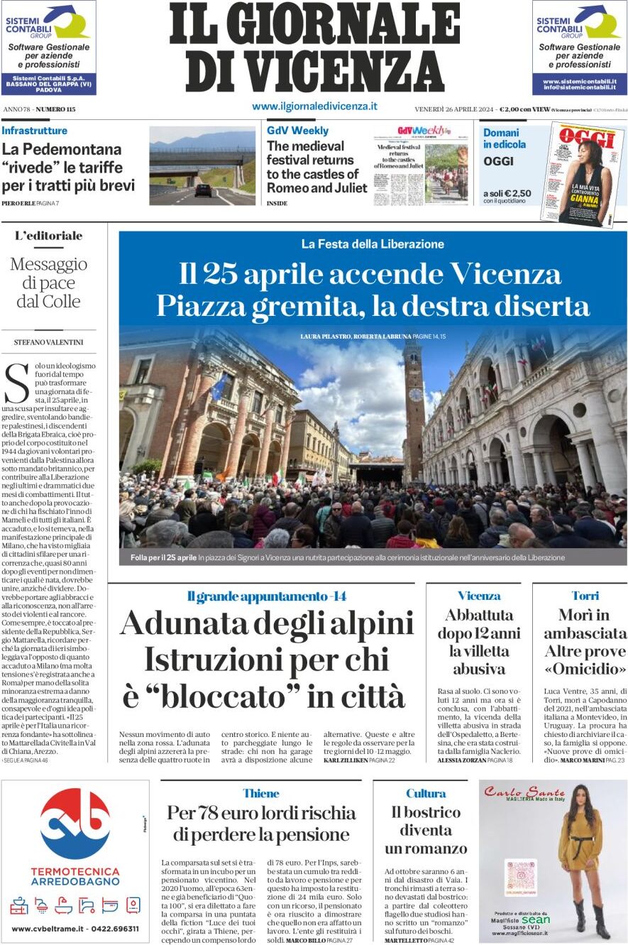 Prima Pagina Il Giornale di Vicenza 26/04/2024