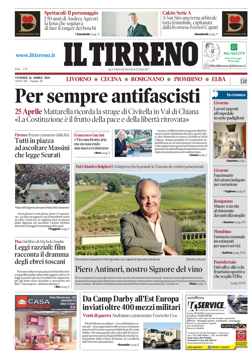 Prima Pagina Il Tirreno (Livorno, Cecina) 26/04/2024