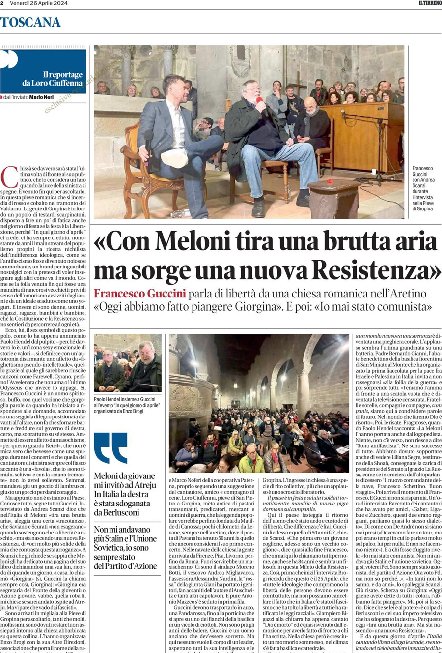 Prima Pagina Il Tirreno (Livorno, Cecina) 26/04/2024