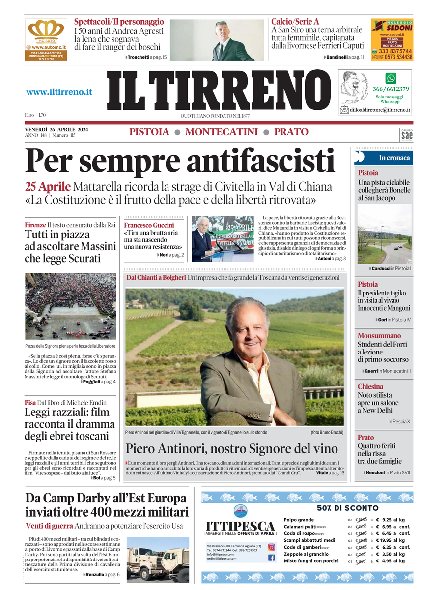 Prima Pagina Il Tirreno (Pistoia, Montecatini, Prato) 26/04/2024