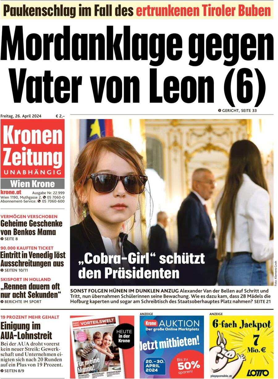 Prima Pagina Kronen Zeitung 26/04/2024