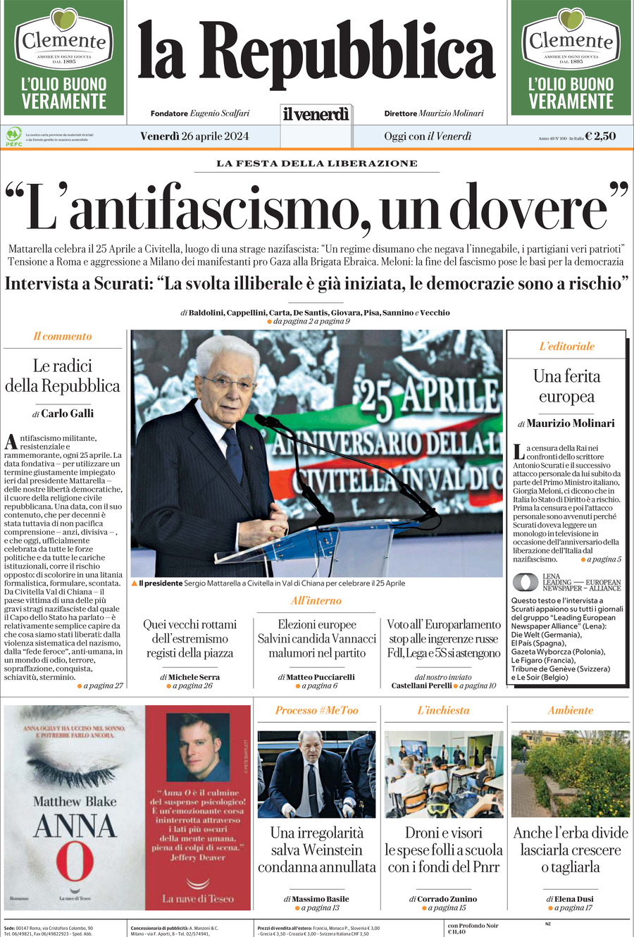 Prima Pagina La Repubblica 26/04/2024