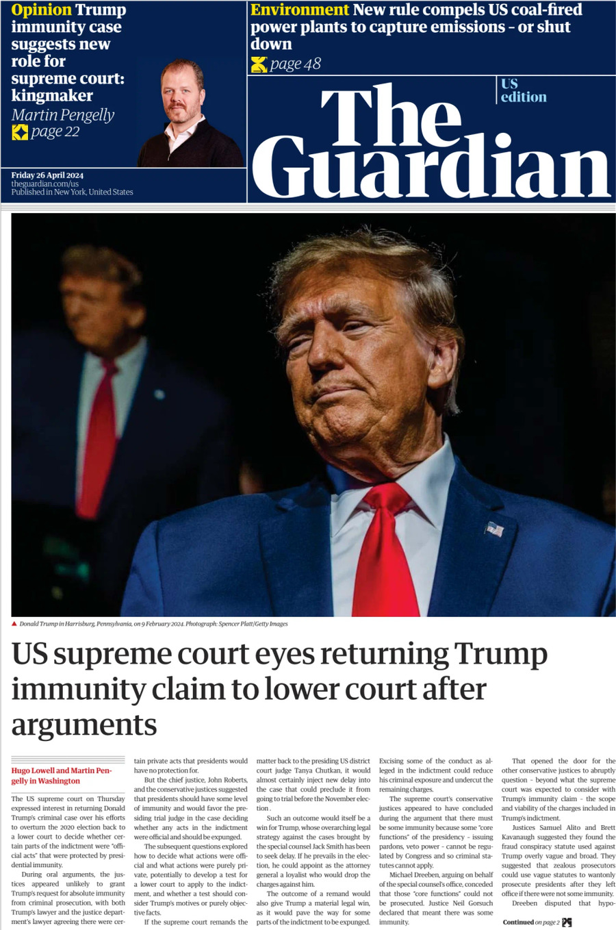 Prima Pagina The Guardian US 26/04/2024