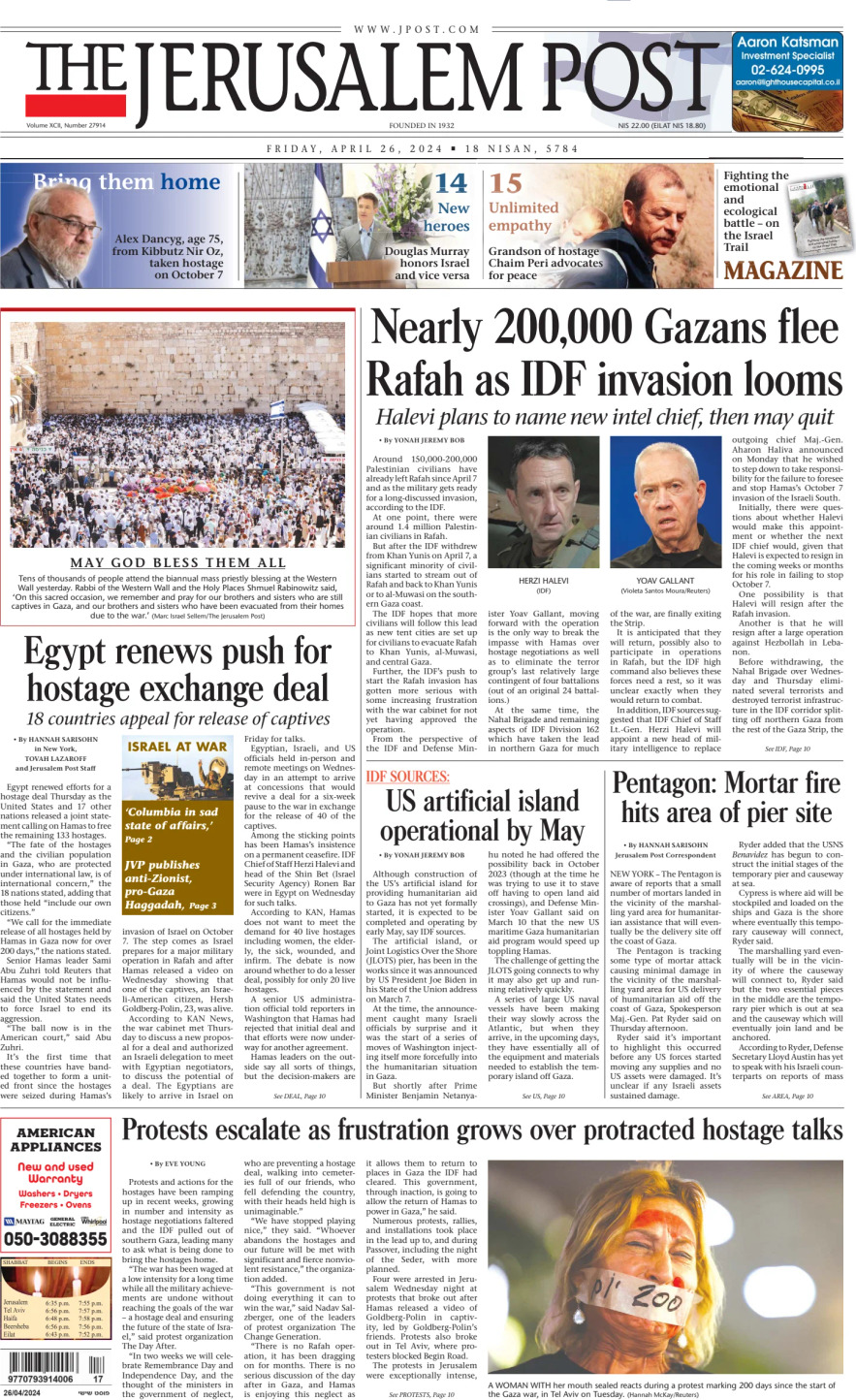 Prima Pagina The Jerusalem Post 26/04/2024