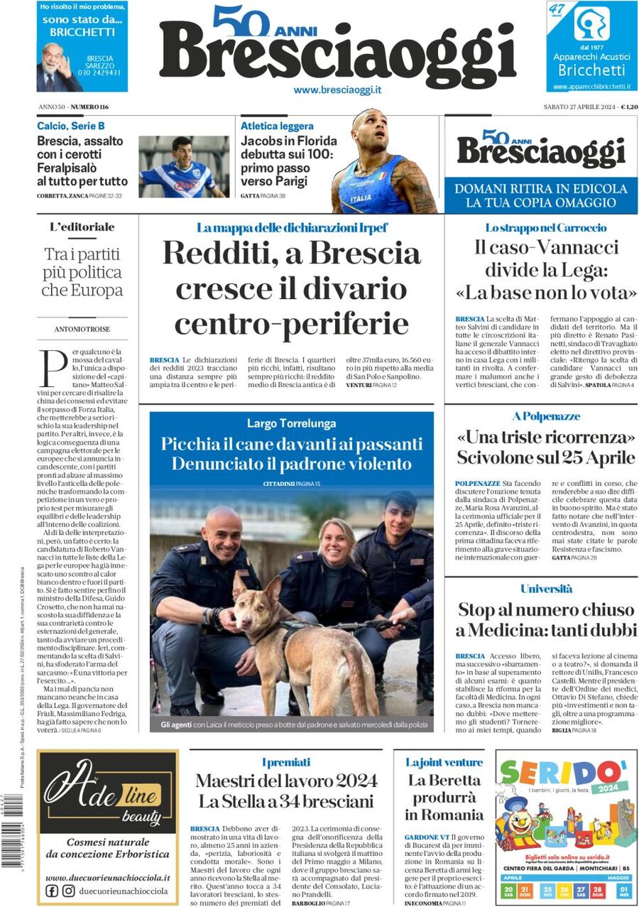 Prima Pagina Brescia Oggi 27/04/2024