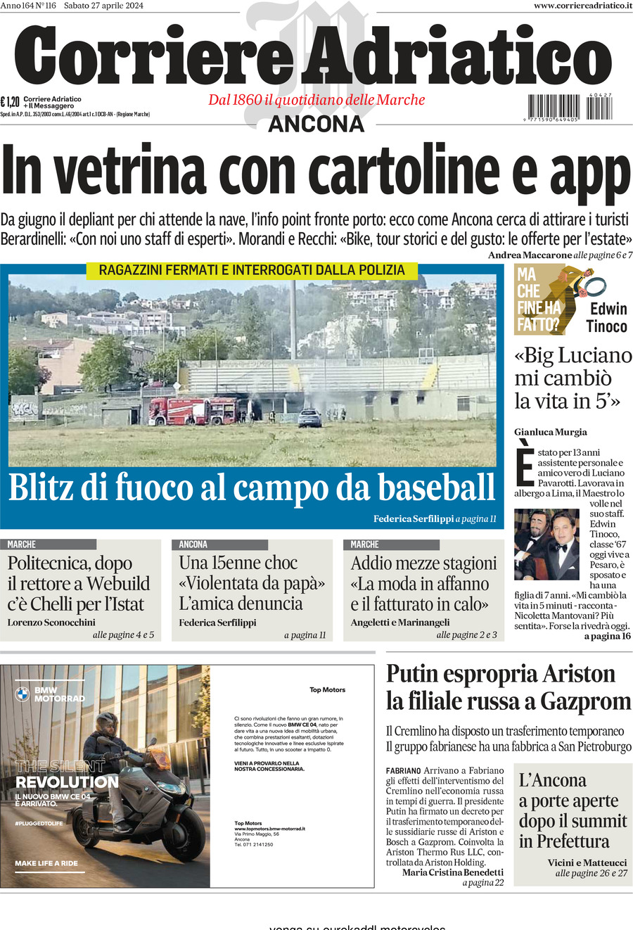 Prima Pagina Corriere Adriatico (Ancona) 27/04/2024