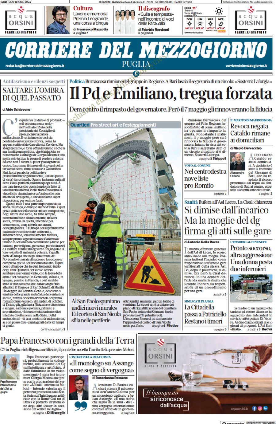 Prima Pagina Corriere del Mezzogiorno (Puglia) 27/04/2024