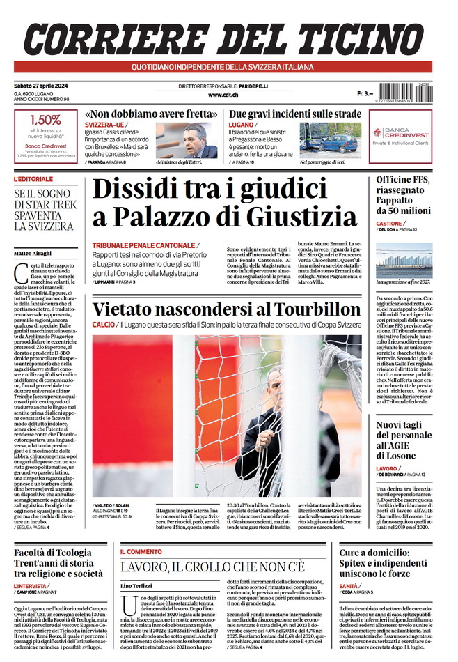 Prima Pagina Corriere del Ticino 27/04/2024