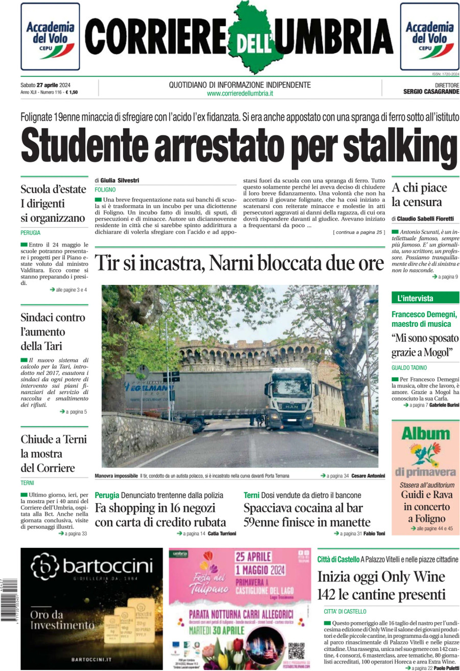 Prima Pagina Corriere dell'Umbria 27/04/2024