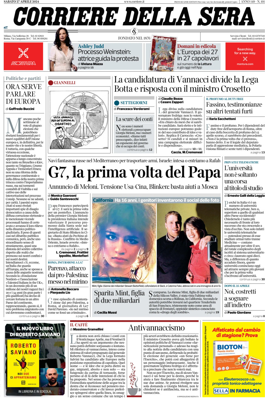Prima Pagina Corriere della Sera 27/04/2024
