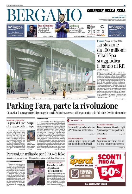 Prima Pagina Corriere della Sera (Bergamo) 27/04/2024