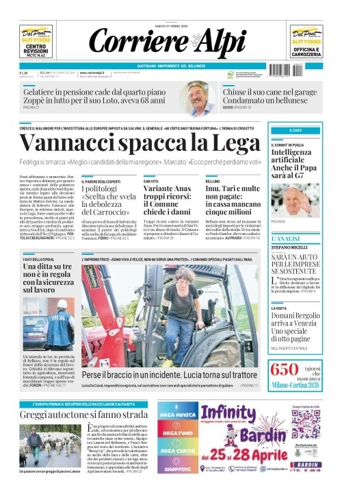 Prima Pagina Corriere delle Alpi (Belluno) 27/04/2024