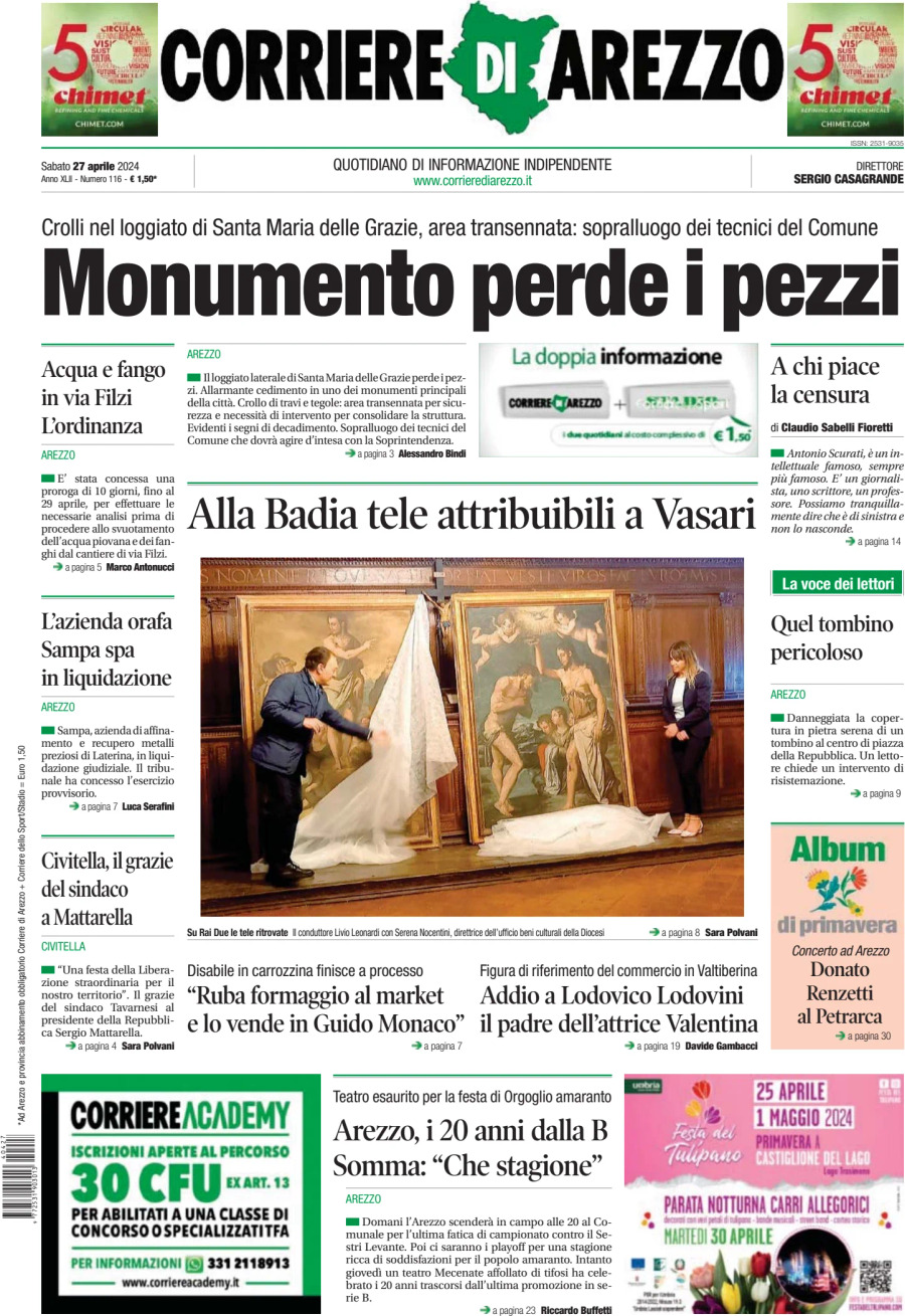 Prima Pagina Corriere di Arezzo 27/04/2024
