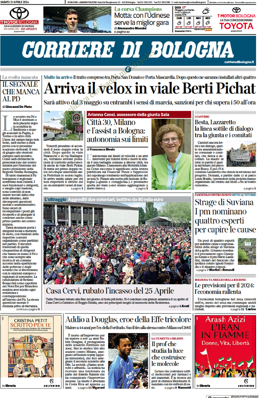 Prima Pagina Corriere di Bologna 27/04/2024