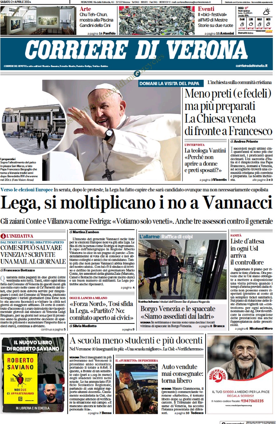 Prima Pagina Corriere di Verona 27/04/2024
