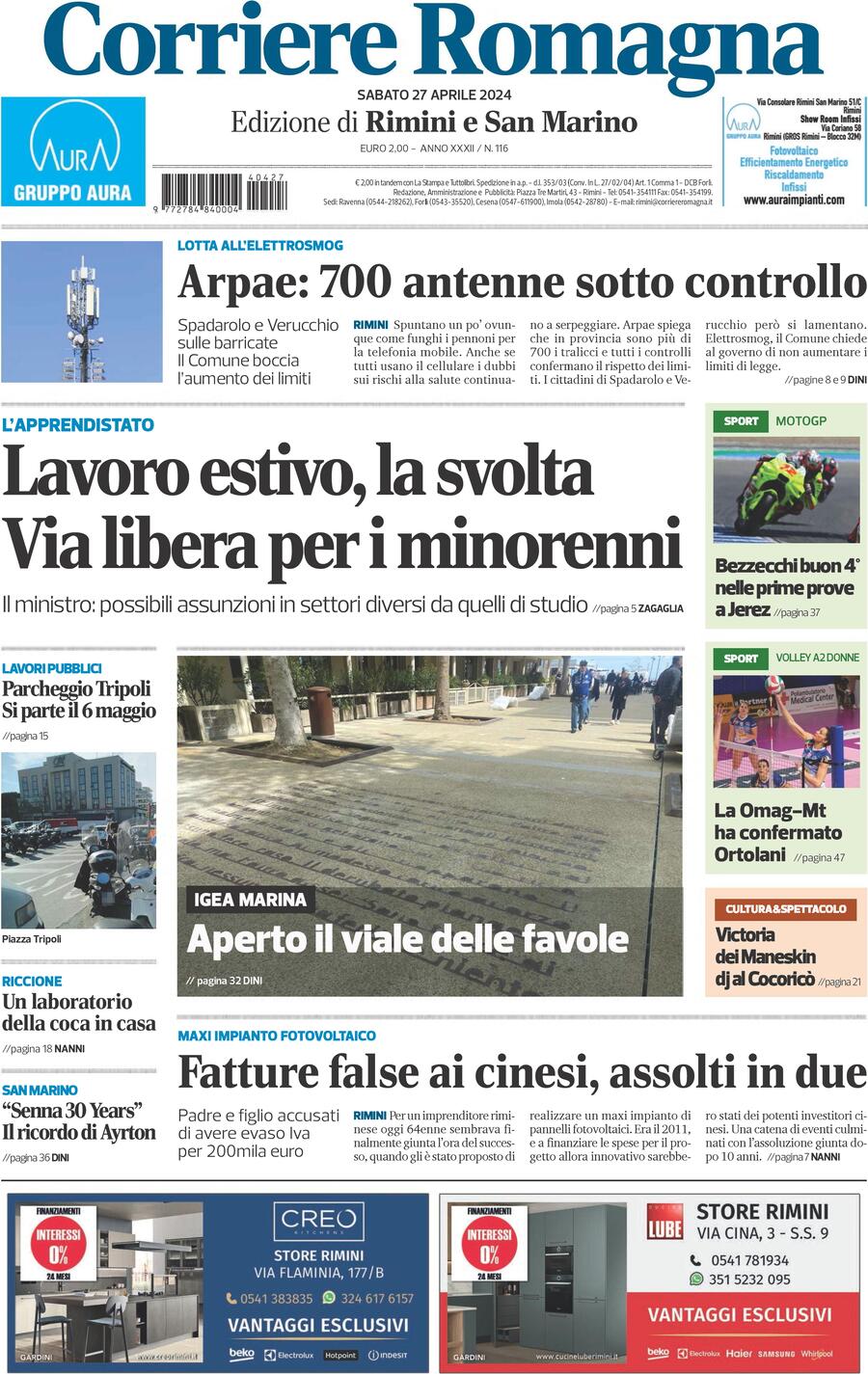 Prima Pagina Corriere Romagna (Rimini e San Marino) 27/04/2024