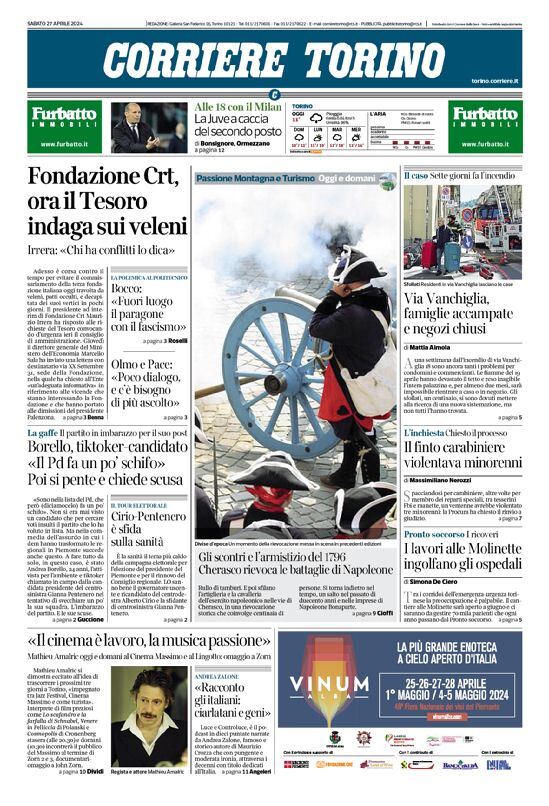 Prima Pagina Corriere Torino 27/04/2024