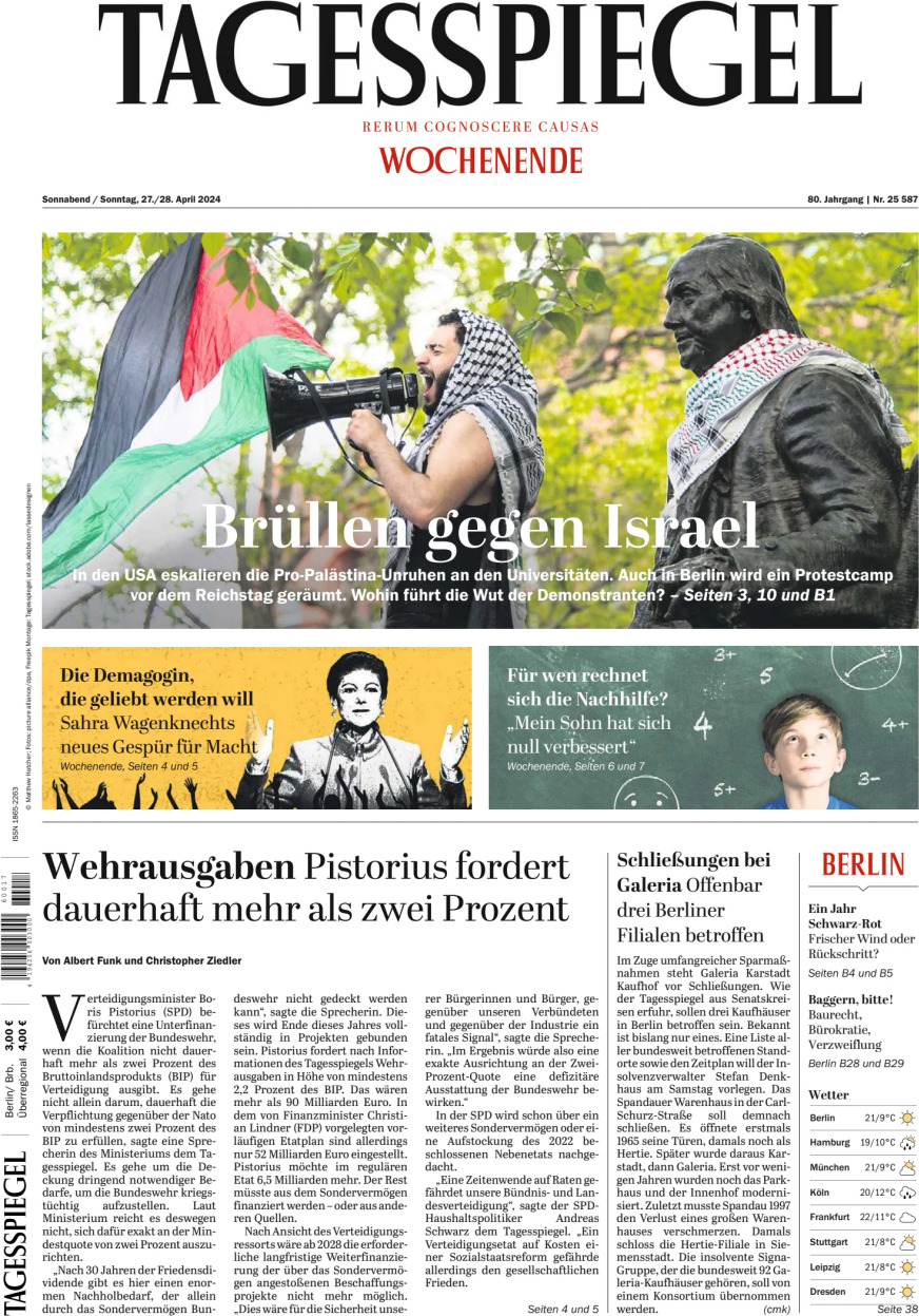 Prima Pagina Der Tagesspiegel 27/04/2024