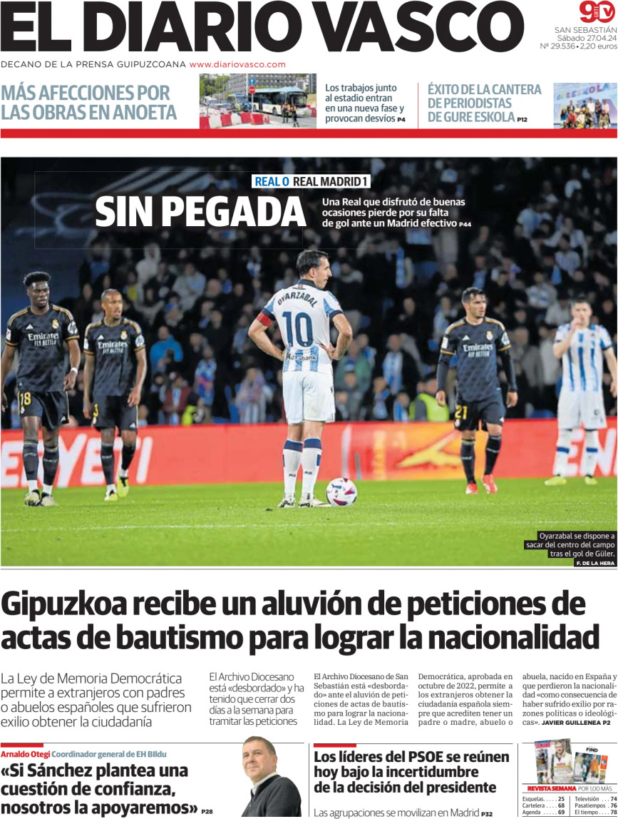 Prima Pagina El Diario Vasco 27/04/2024