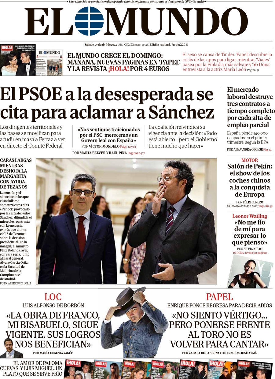 Prima Pagina El Mundo 27/04/2024