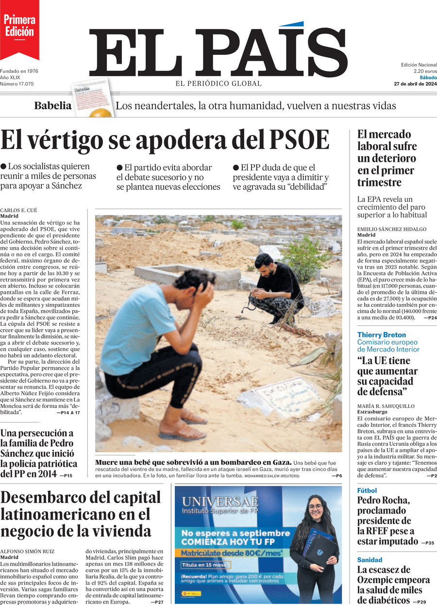 Prima Pagina El País 27/04/2024