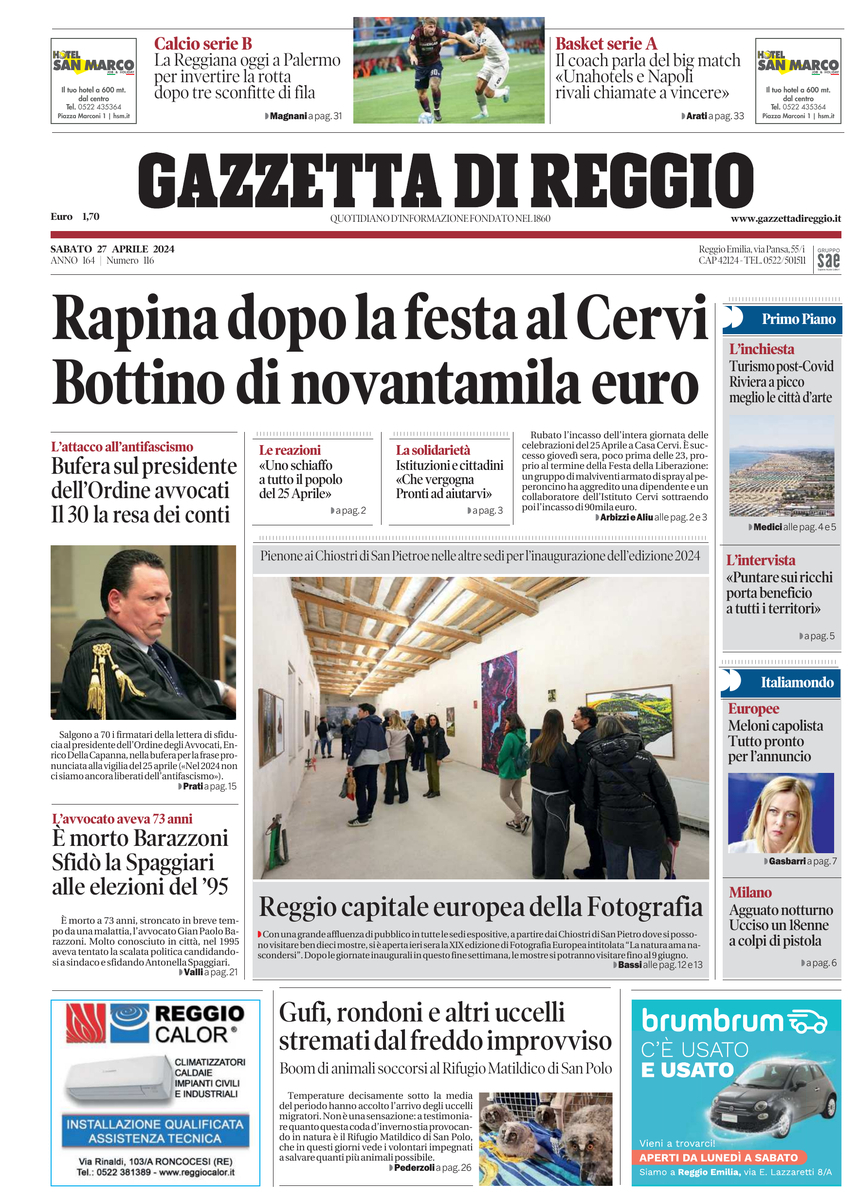 Prima Pagina Gazzetta di Reggio 27/04/2024