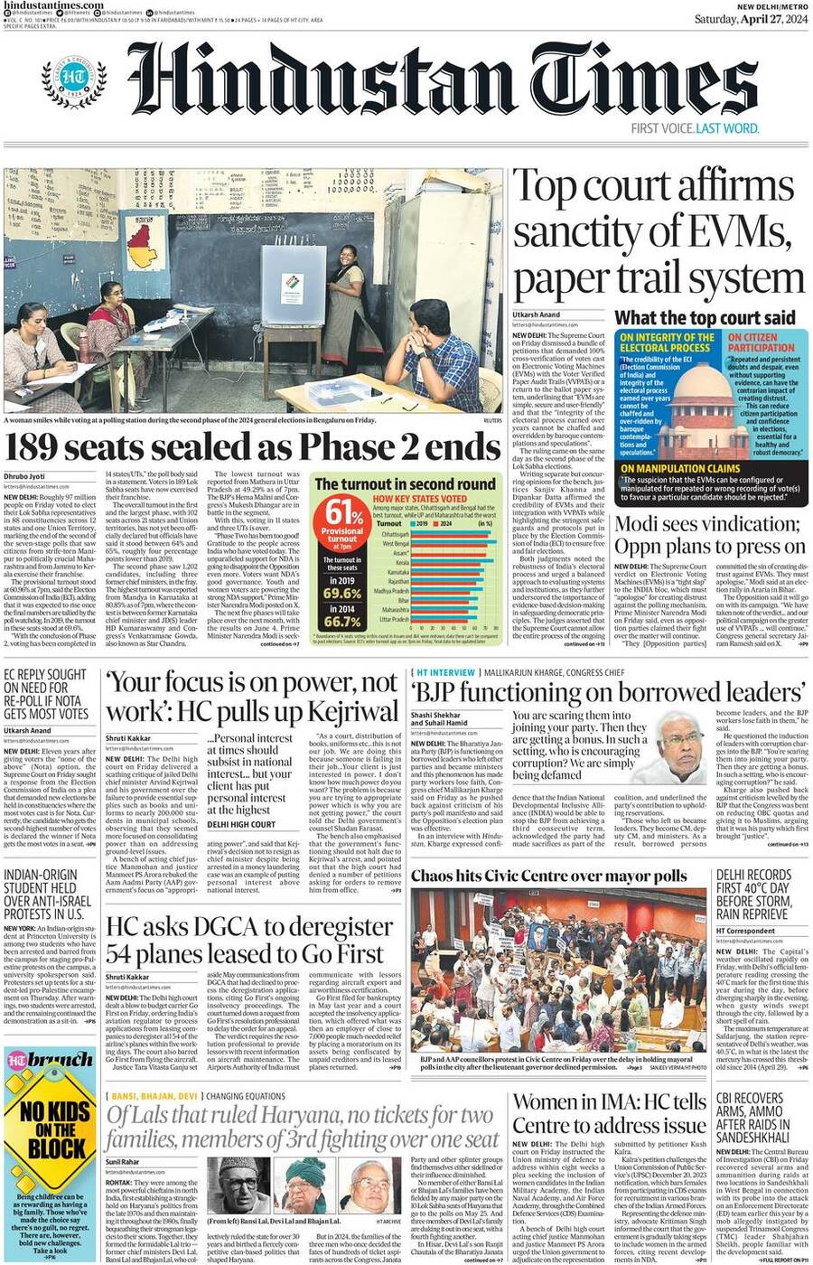Prima Pagina Hindustan Times 27/04/2024