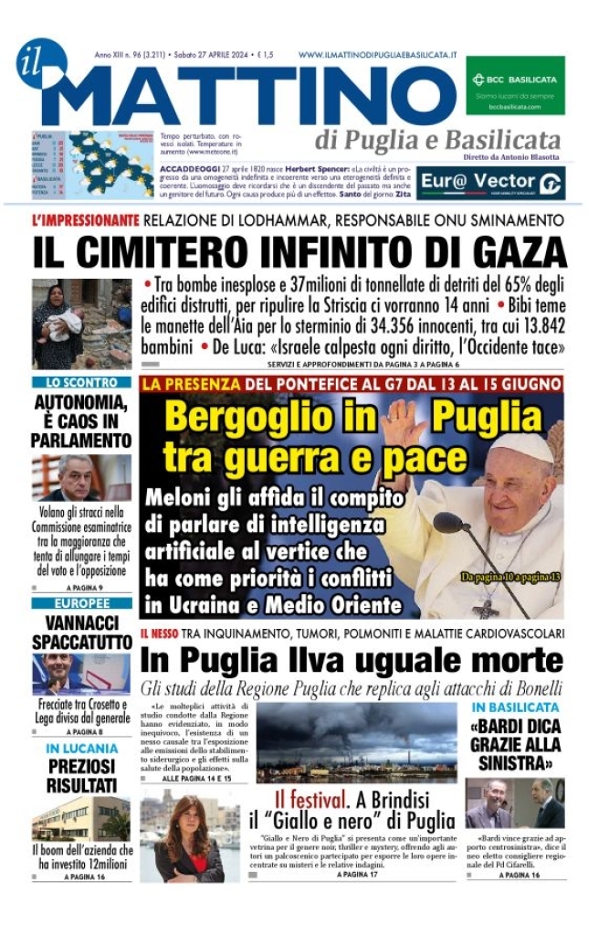 Prima Pagina Il Mattino di Puglia e Basilicata 27/04/2024