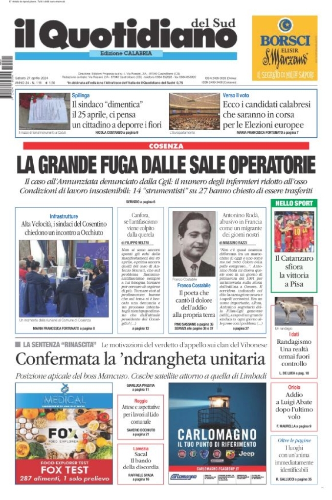 Prima Pagina Il Quotidiano del Sud (Catanzaro) 27/04/2024