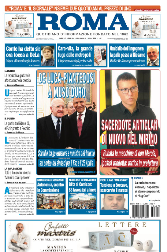 Prima Pagina Il Roma (Quotidiano di Napoli) 27/04/2024