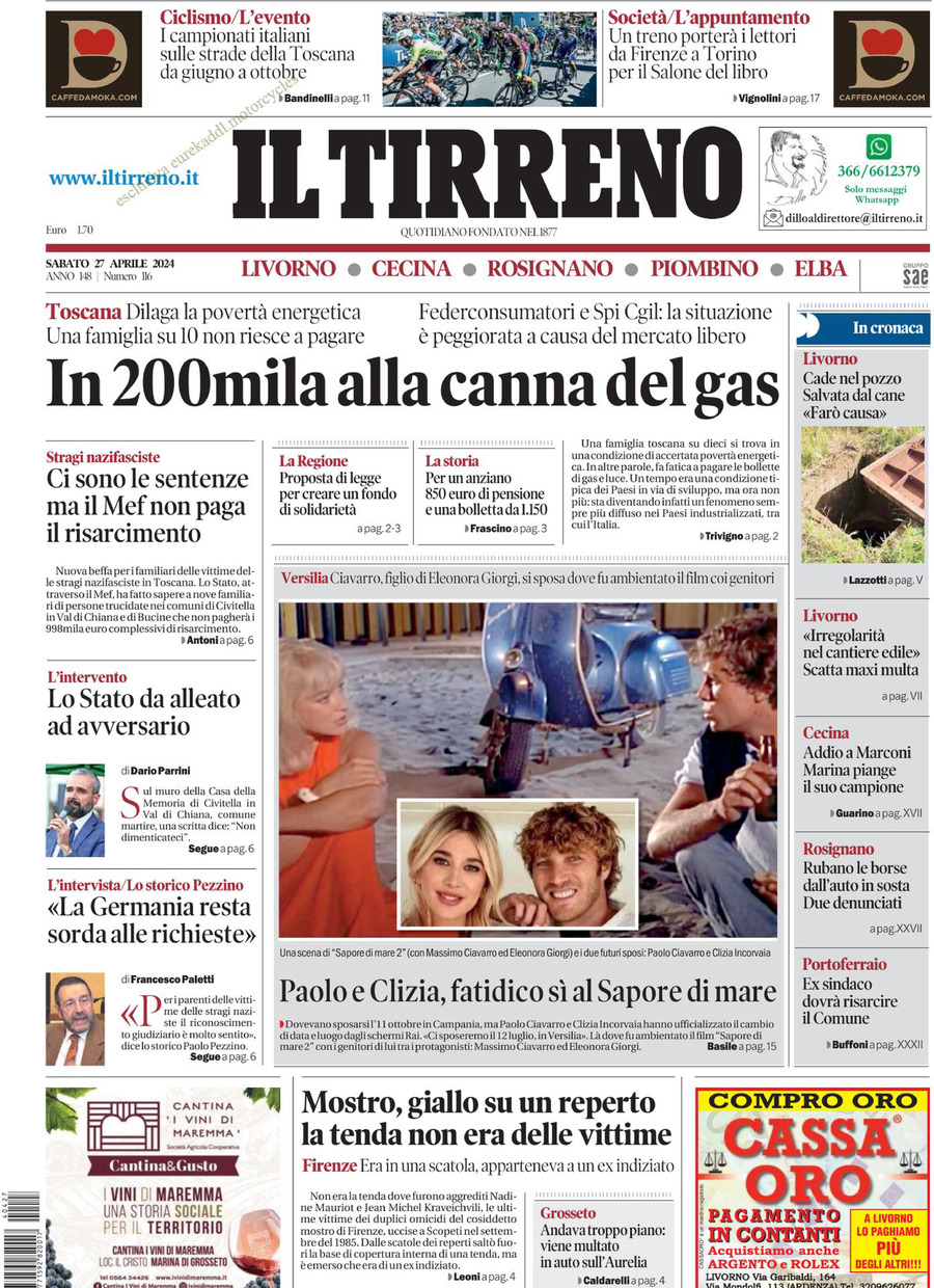 Prima Pagina Il Tirreno (Livorno, Cecina) 27/04/2024