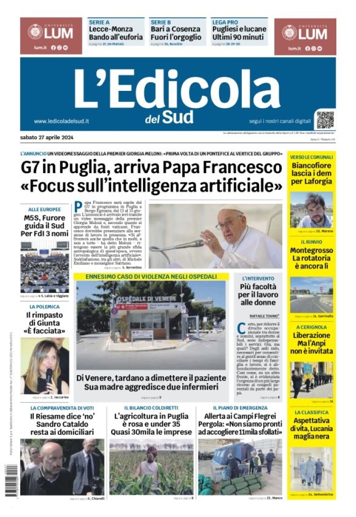 Prima Pagina L'Edicola del Sud (Bari, Foggia, Basilicata) 27/04/2024