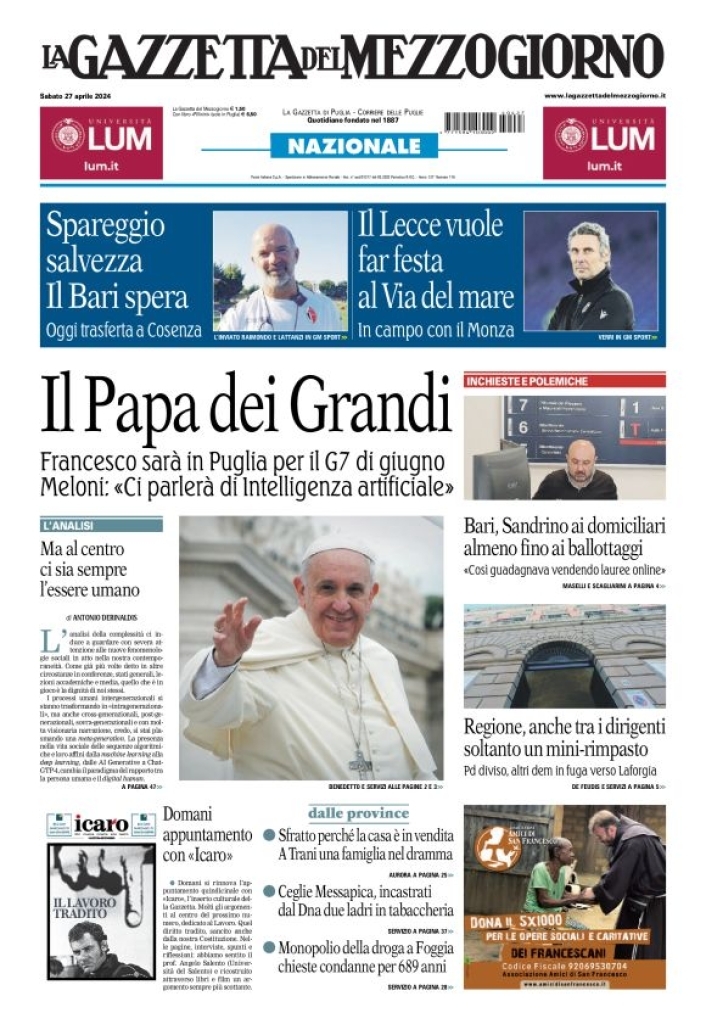 Prima Pagina La Gazzetta del Mezzogiorno (Bari) 27/04/2024