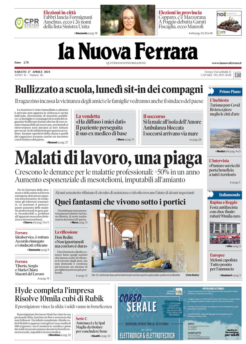 Prima Pagina La Nuova Ferrara 27/04/2024