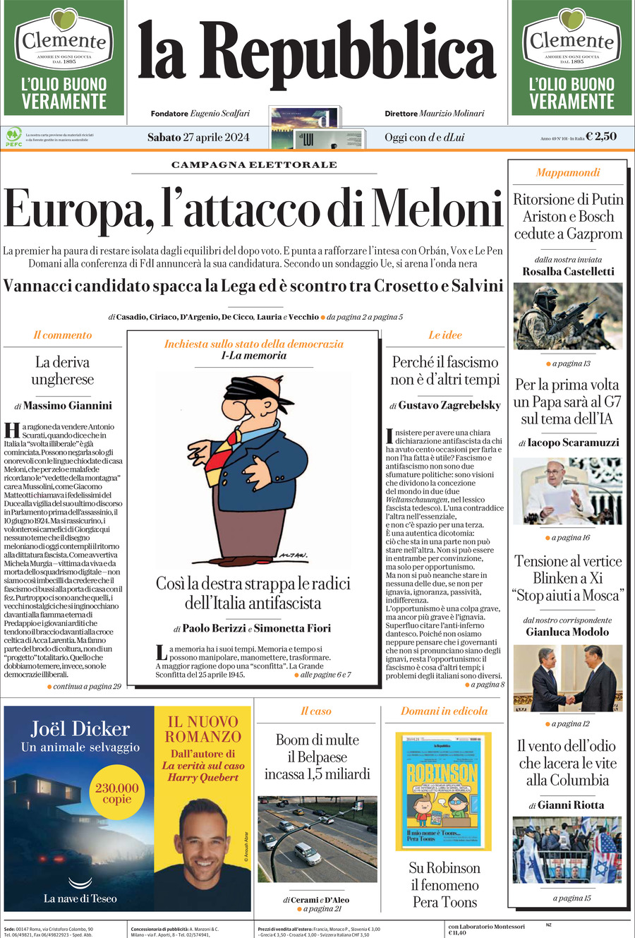 Prima Pagina La Repubblica 27/04/2024