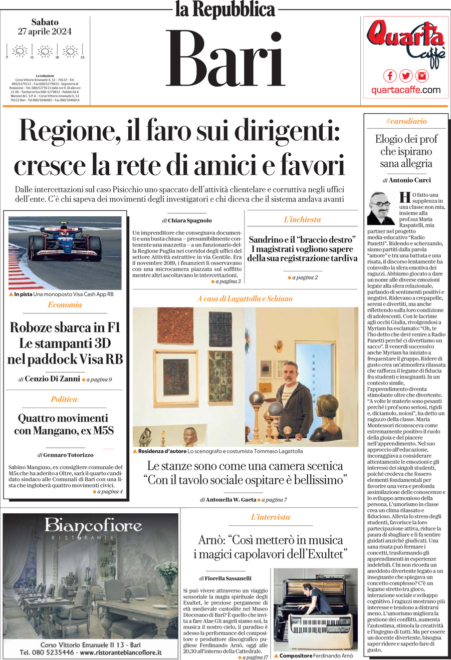 Prima Pagina La Repubblica (Bari) 27/04/2024