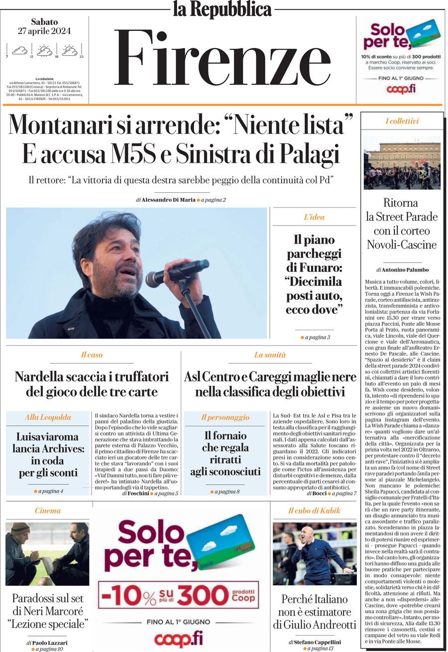 Prima Pagina La Repubblica (Firenze) 27/04/2024