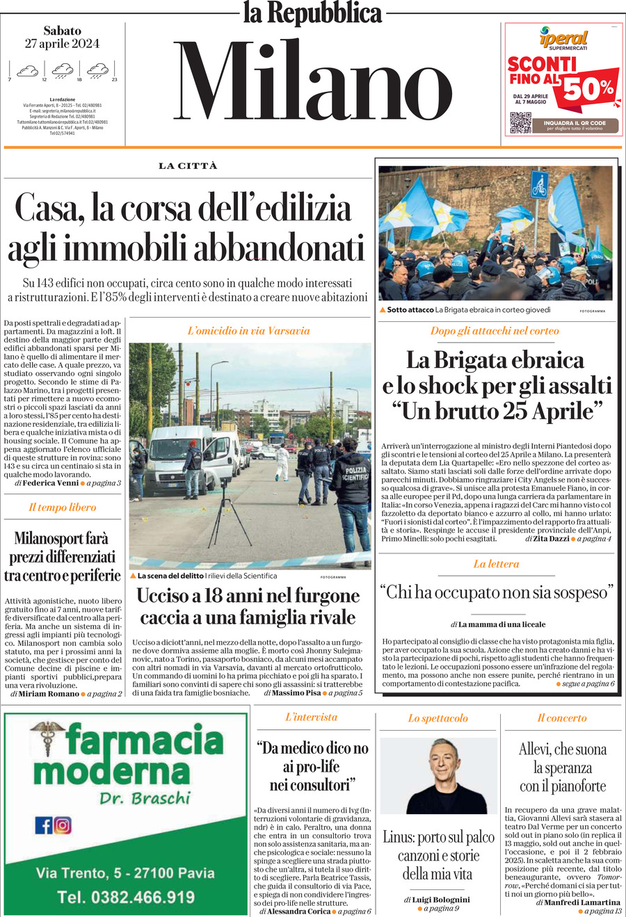 Prima Pagina La Repubblica (Milano) 27/04/2024