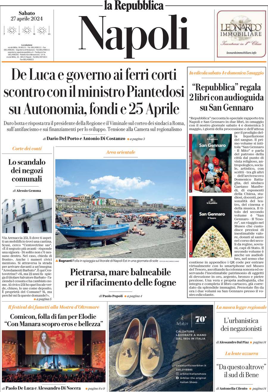 Prima Pagina La Repubblica (Napoli) 27/04/2024