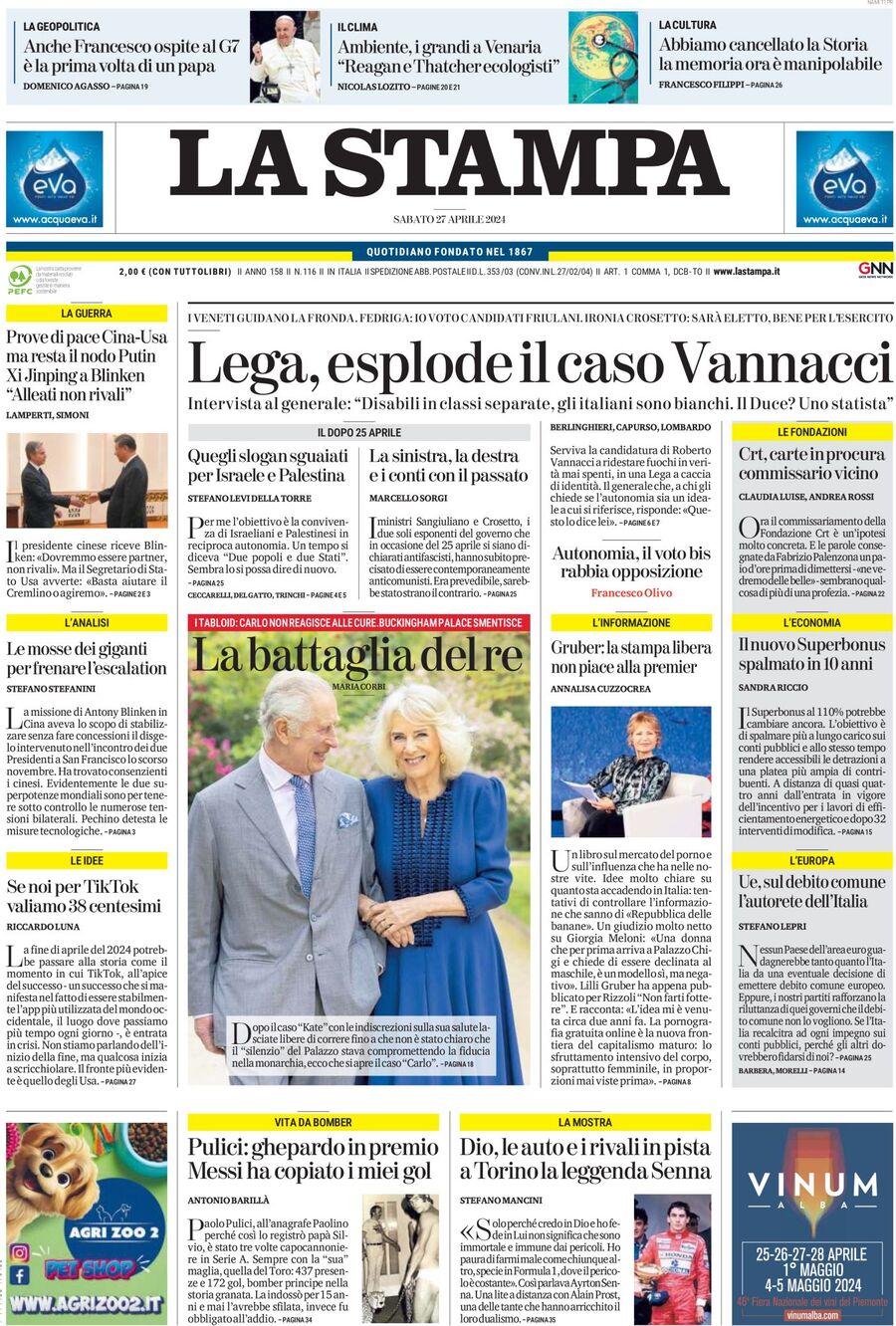 Prima Pagina La Stampa 27/04/2024