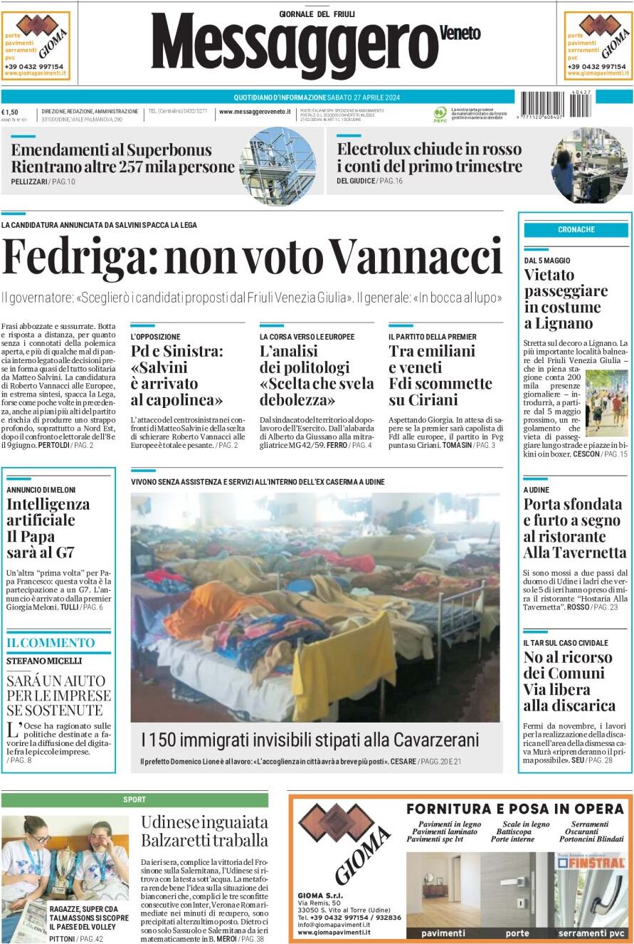 Prima Pagina Messaggero Veneto (Udine) 27/04/2024
