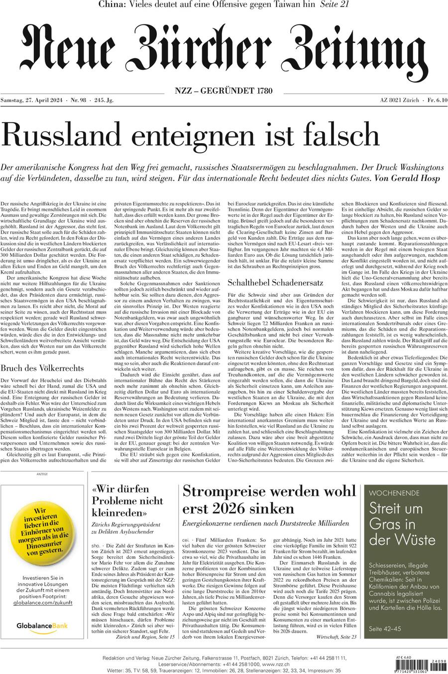 Prima Pagina NZZ (Neue Zürcher Zeitung) 27/04/2024