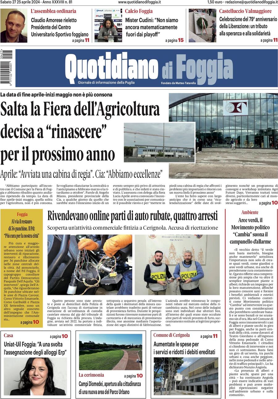 Prima Pagina Quotidiano di Foggia 27/04/2024