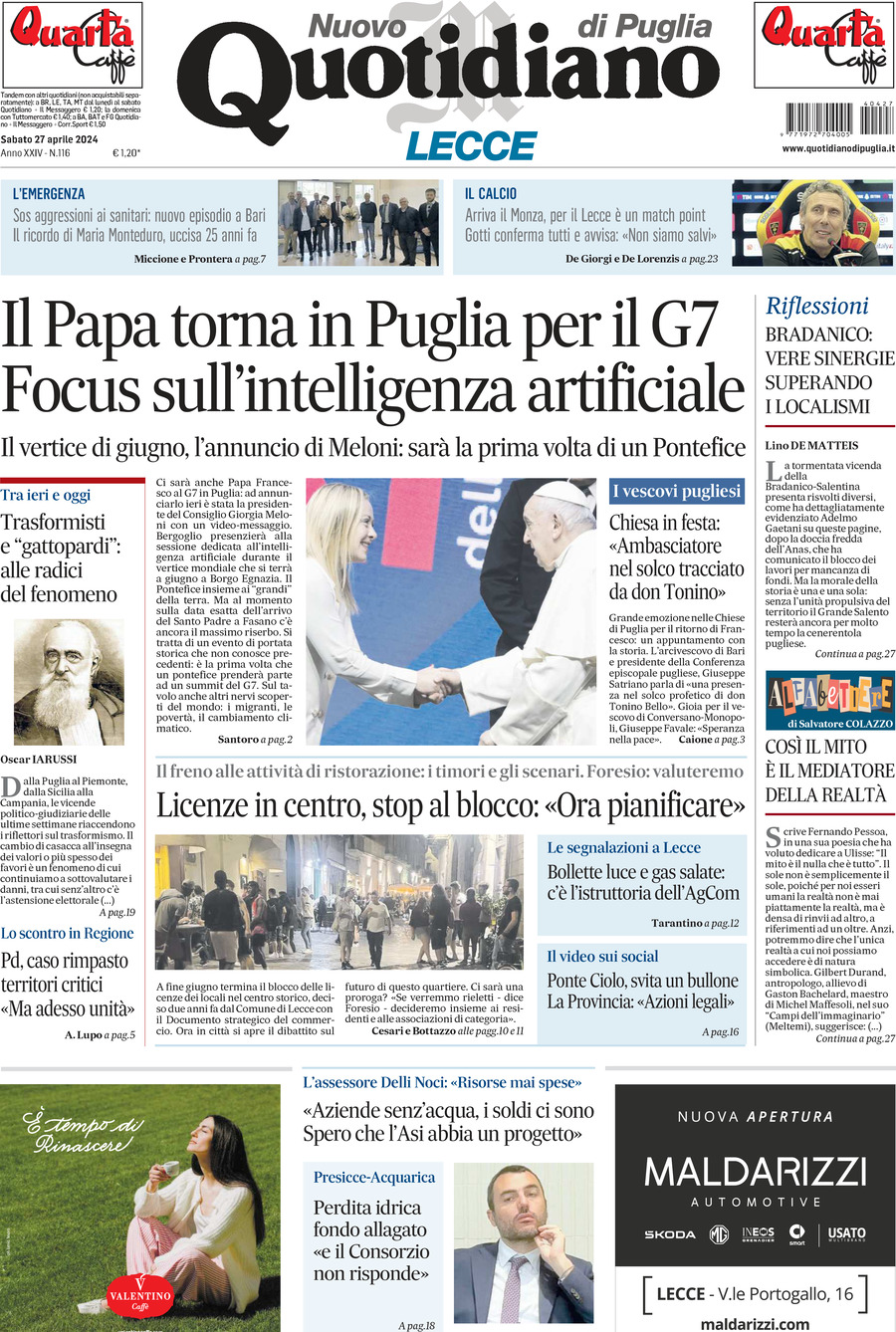 Prima Pagina Nuovo Quotidiano di Puglia (Lecce) 27/04/2024
