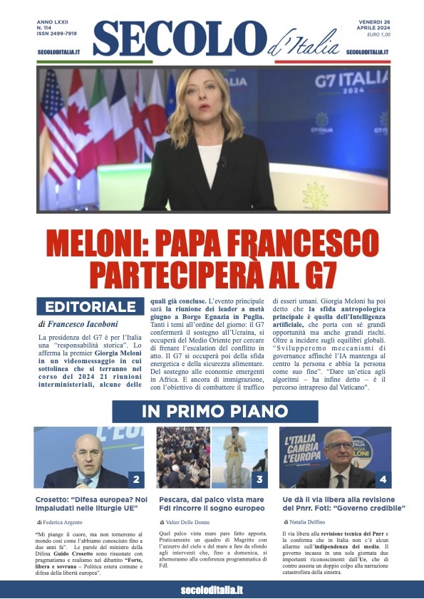 Prima Pagina Secolo d'Italia 27/04/2024