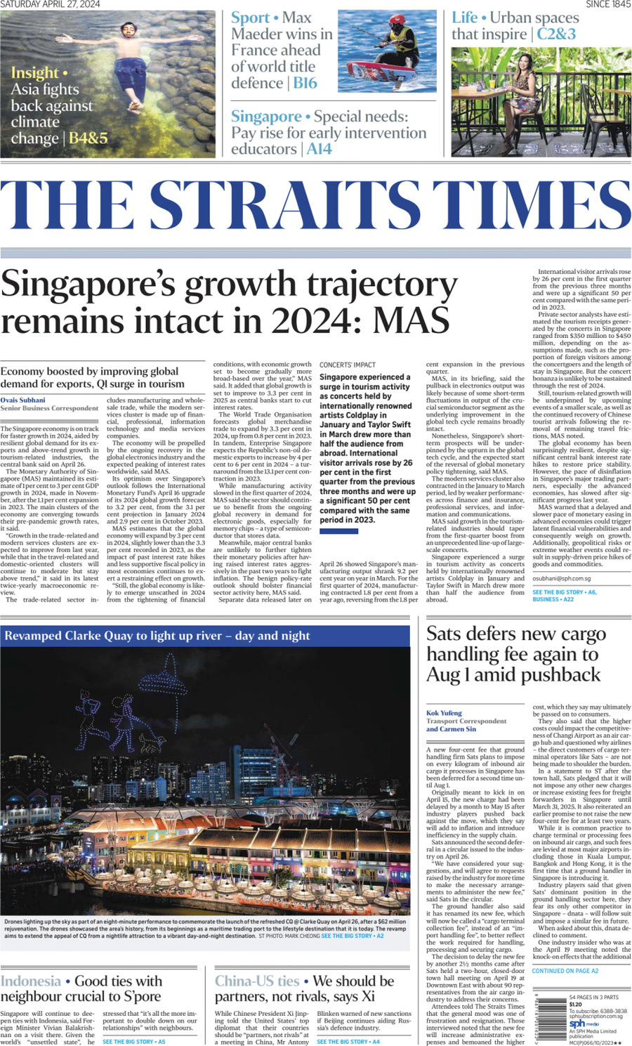 Prima Pagina The Straits Times 27/04/2024